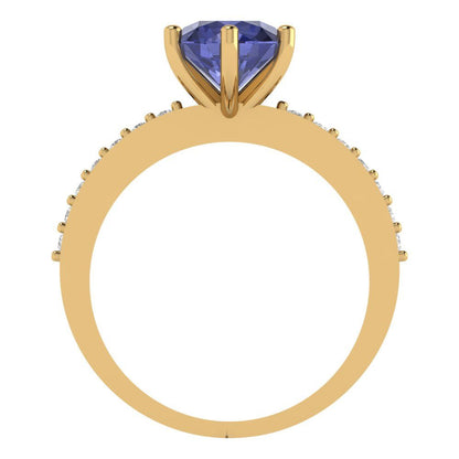 1.71 cttw Simulated Tanzanite Solitaire with Zirconia Simulated Diamond Accents Engagement Ring - Solid Gold (Round Cut,7.5mm)