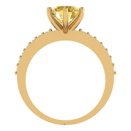 1.71 cttw Zirconia Simulated Yellow Diamond Solitaire with Zirconia Simulated Diamond Accents Engagement Ring - Solid Gold (VVS1, Round Cut,7.5mm)