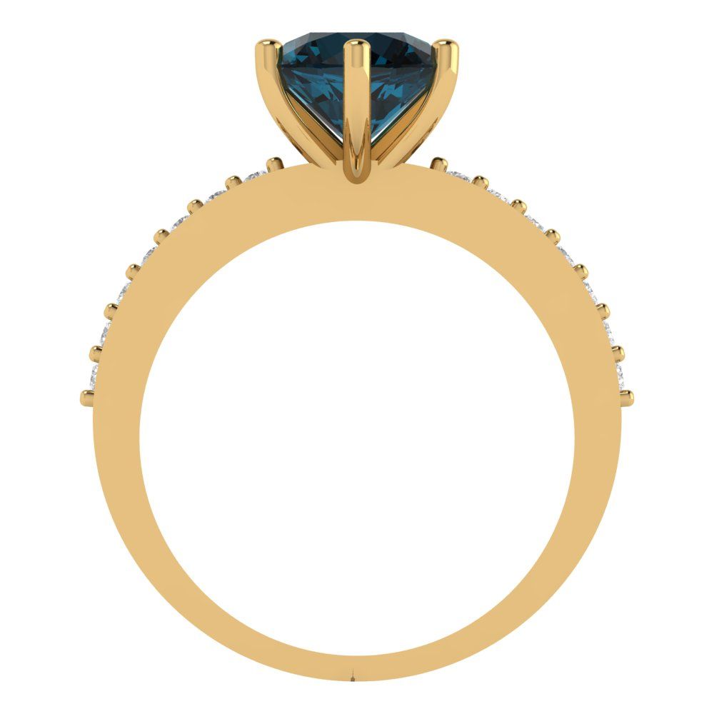 1.71 cttw Natural London Blue Topaz Solitaire with Zirconia Simulated Diamond Accents Engagement Ring - Solid Gold (Round Cut,7.5mm)