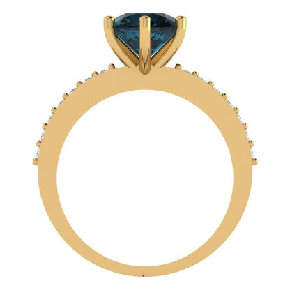 1.71 cttw Natural London Blue Topaz Solitaire with Zirconia Simulated Diamond Accents Engagement Ring - Solid Gold (Round Cut,7.5mm)