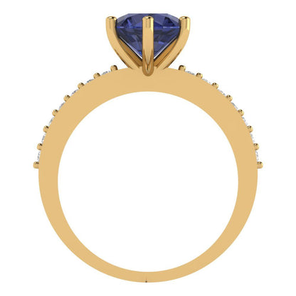 1.71 cttw Simulated Blue Sapphire Solitaire with Zirconia Simulated Diamond Accents Engagement Ring - Solid Gold (Round Cut,7.5mm)