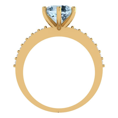 1.71 cttw Natural Swiss Blue Topaz Solitaire with Zirconia Simulated Diamond Accents Engagement Ring - Solid Gold (Round Cut,7.5mm)