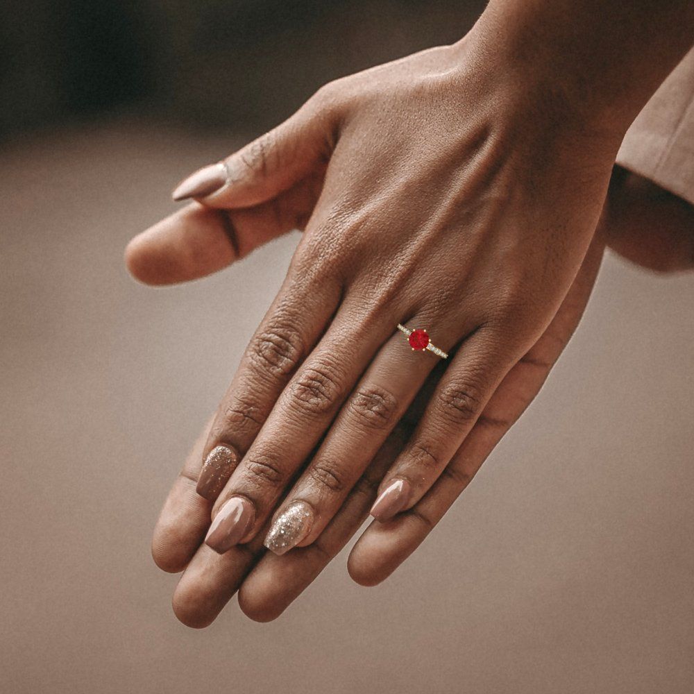 1.71 cttw Simulated Ruby Solitaire with Zirconia Simulated Diamond Accents Engagement Ring - Solid Gold (Round Cut,7.5mm)