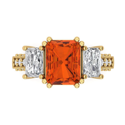 4.27 cttw Zirconia Simulated Red Diamond Three-Stone Engagement Ring - Solid Yellow Gold (VVS1, Emerald Cut,9x7mm)