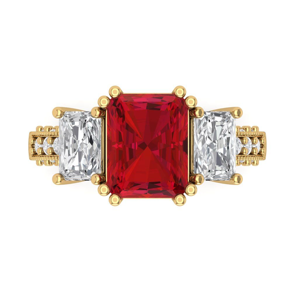 4.27 cttw Simulated Ruby Three-Stone Engagement Ring - Solid Yellow Gold (VVS1, Emerald Cut,9x7mm)