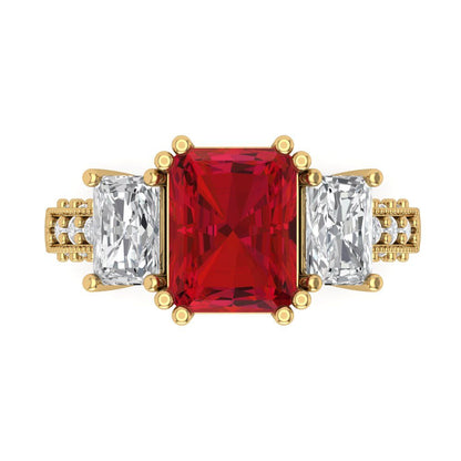 4.27 cttw Simulated Ruby Three-Stone Engagement Ring - Solid Yellow Gold (VVS1, Emerald Cut,9x7mm)