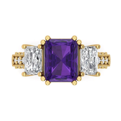 4.27 cttw Natural Amethyst Three-Stone Engagement Ring - Solid Gold (Emerald Cut,9x7mm)