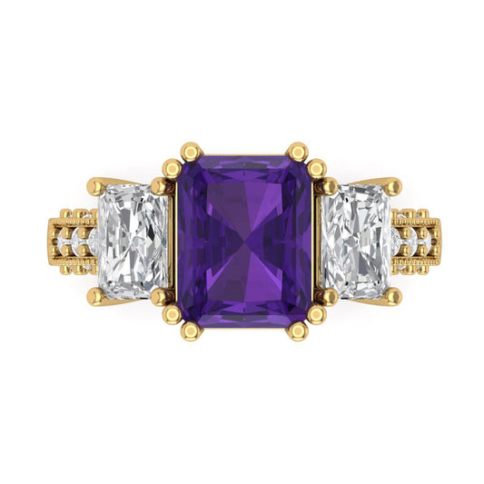 4.27 cttw Natural Amethyst Three-Stone Engagement Ring - Solid Yellow Gold (VVS1, Emerald Cut,9x7mm)
