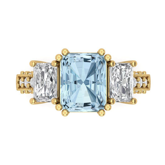 4.27 cttw Zirconia Simulated Blue Diamond Three-Stone Engagement Ring - Solid Yellow Gold (VVS1, Emerald Cut,9x7mm)