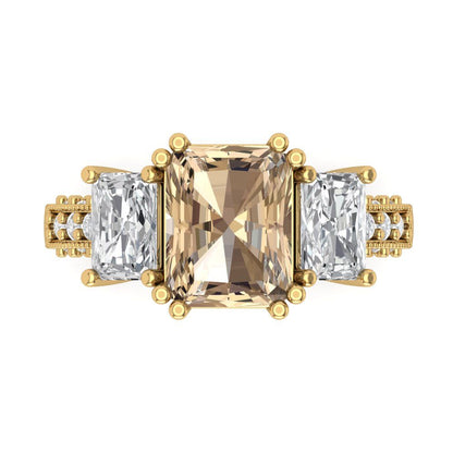 4.27 cttw Yellow Moissanite Three-Stone Engagement Ring - Solid Gold (Emerald Cut,9x7mm)
