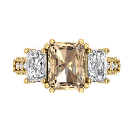 4.27 cttw Yellow Moissanite Three-Stone Engagement Ring - Solid Yellow Gold (VVS1, Emerald Cut,9x7mm)