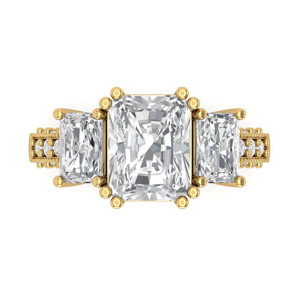 4.27 ct Brilliant Emerald Cut Clear Simulated Diamond Stone Yellow Gold Solitaire with Accents Three-Stone Ring
