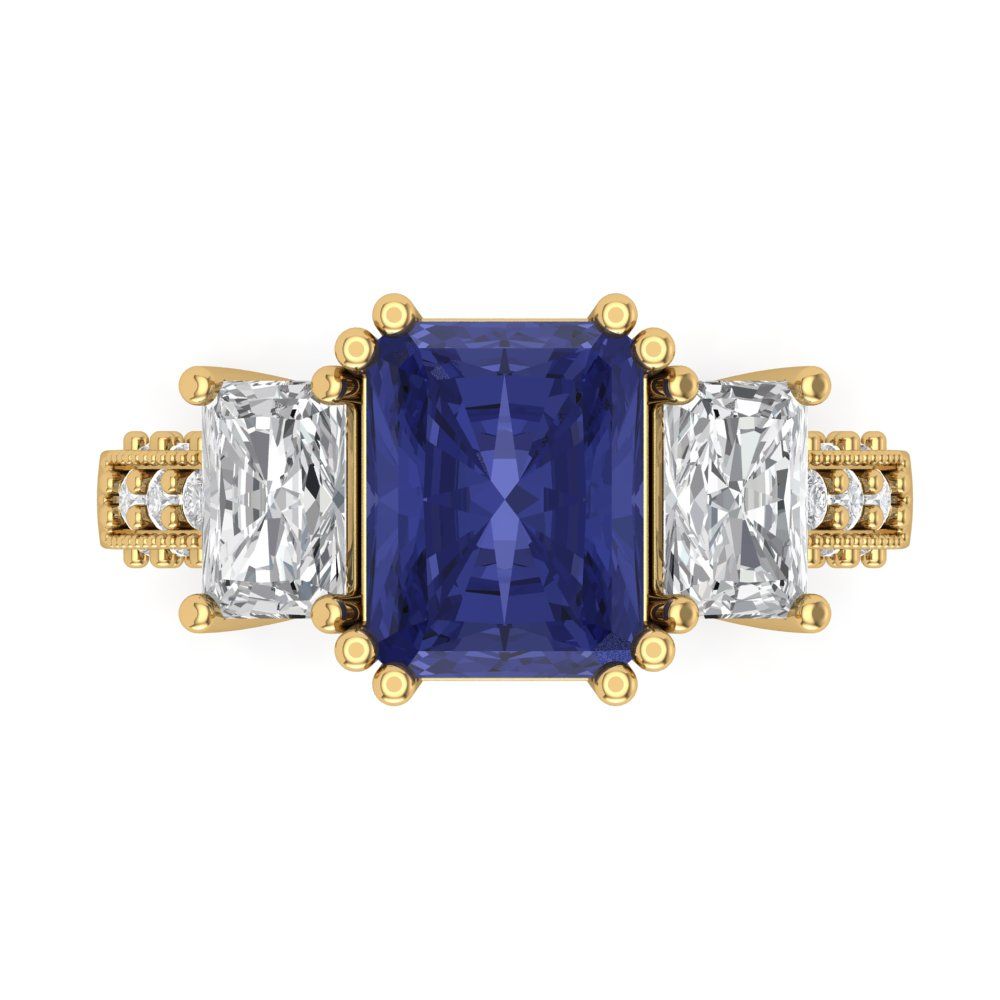 4.27 cttw Simulated Tanzanite Three-Stone Engagement Ring - Solid Gold (Emerald Cut,9x7mm)
