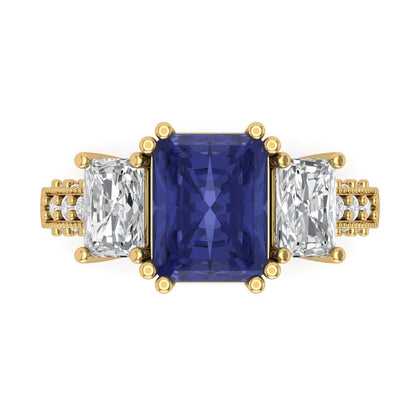 4.27 cttw Simulated Tanzanite Three-Stone Engagement Ring - Solid Gold (Emerald Cut,9x7mm)