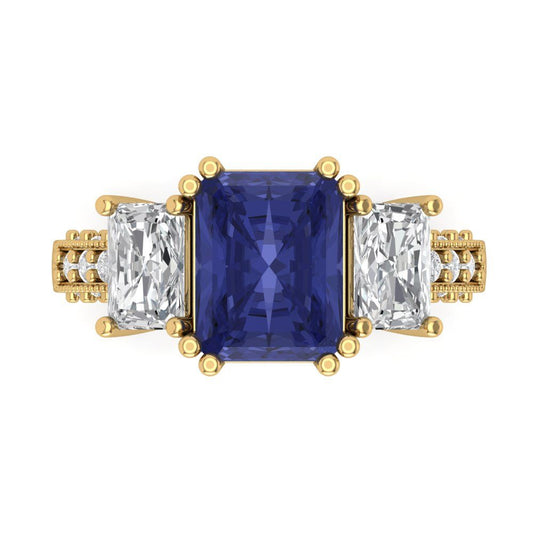 4.27 cttw Simulated Tanzanite Three-Stone Engagement Ring - Solid Yellow Gold (VVS1, Emerald Cut,9x7mm)