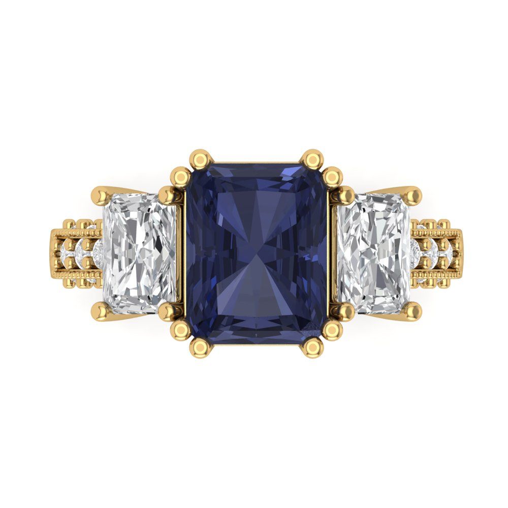 4.27 cttw Simulated Blue Sapphire Three-Stone Engagement Ring - Solid Gold (Emerald Cut,9x7mm)