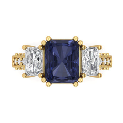 4.27 cttw Simulated Blue Sapphire Three-Stone Engagement Ring - Solid Gold (Emerald Cut,9x7mm)