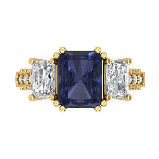 4.27 cttw Simulated Blue Sapphire Three-Stone Engagement Ring - Solid Yellow Gold (VVS1, Emerald Cut,9x7mm)
