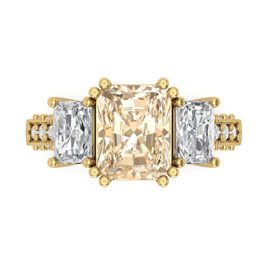 4.27 cttw Natural Morganite Three-Stone Engagement Ring - Solid Yellow Gold (VVS1, Emerald Cut,9x7mm)