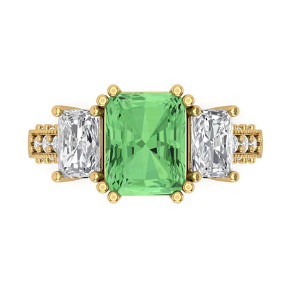 4.27 cttw Zirconia Simulated Green Diamond Three-Stone Engagement Ring - Solid Gold (VVS1, Emerald Cut,9x7mm)