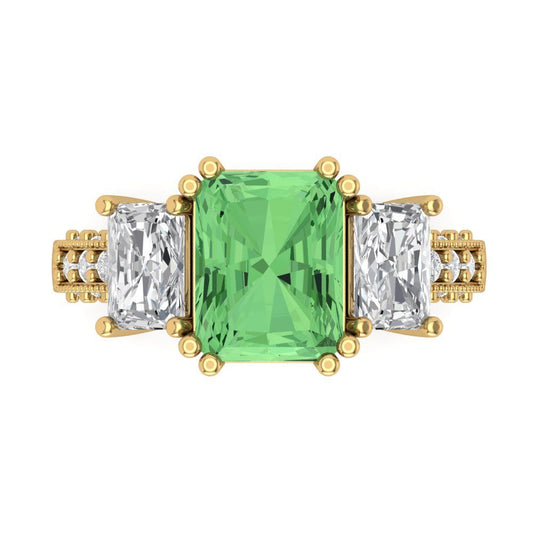 4.27 cttw Zirconia Simulated Green Diamond Three-Stone Engagement Ring - Solid Yellow Gold (VVS1, Emerald Cut,9x7mm)