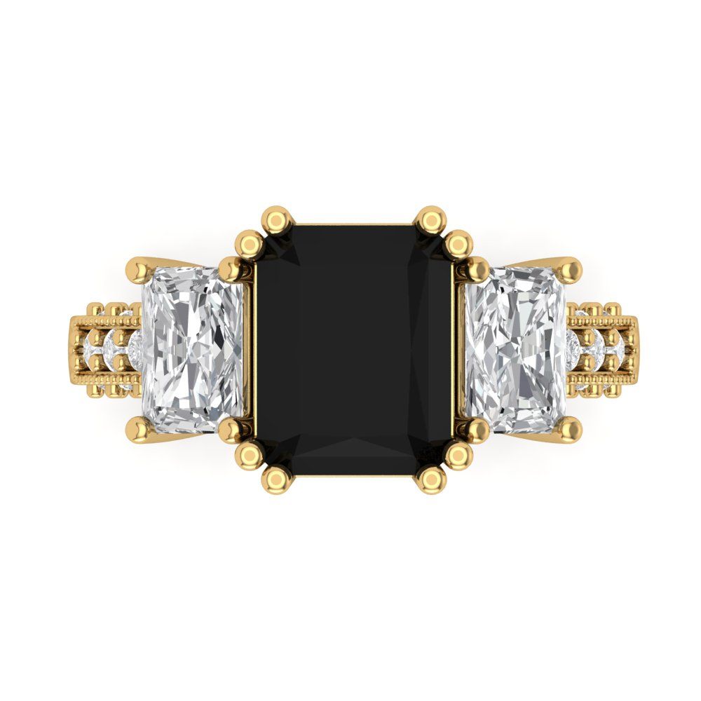 4.27 cttw Natural Onyx Three-Stone Engagement Ring - Solid Gold (Emerald Cut,9x7mm)