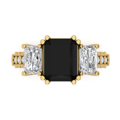 4.27 cttw Natural Onyx Three-Stone Engagement Ring - Solid Gold (Emerald Cut,9x7mm)