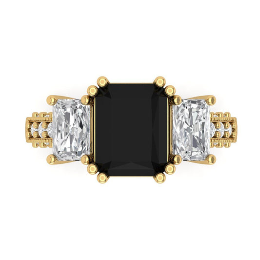 4.27 cttw Natural Onyx Three-Stone Engagement Ring - Solid Yellow Gold (VVS1, Emerald Cut,9x7mm)