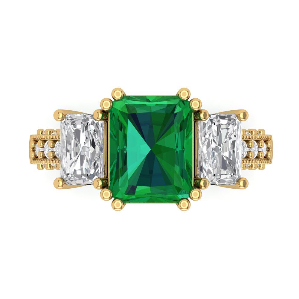 4.27 cttw Simulated Emerald Three-Stone Engagement Ring - Solid Gold (Emerald Cut,9x7mm)