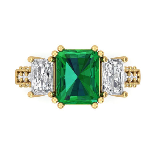 4.27 cttw Simulated Emerald Three-Stone Engagement Ring - Solid Yellow Gold (VVS1, Emerald Cut,9x7mm)