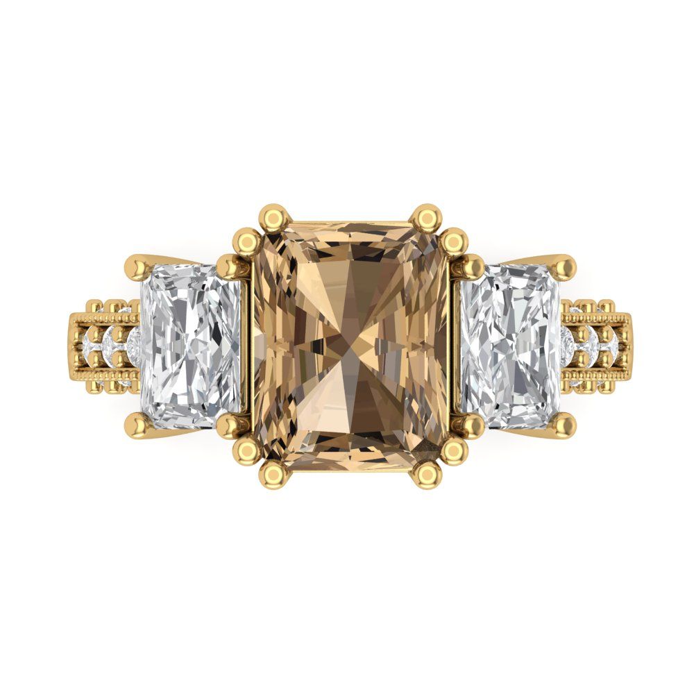 4.27 cttw Zirconia Simulated Champagne Diamond Three-Stone Engagement Ring - Solid Gold (VVS1, Emerald Cut,9x7mm)