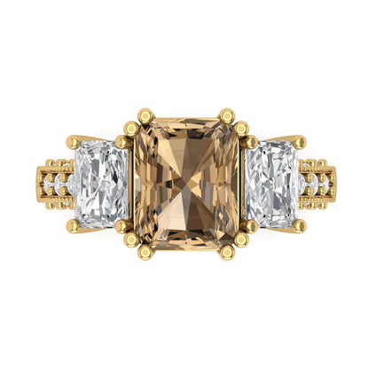 4.27 cttw Zirconia Simulated Champagne Diamond Three-Stone Engagement Ring - Solid Gold (VVS1, Emerald Cut,9x7mm)