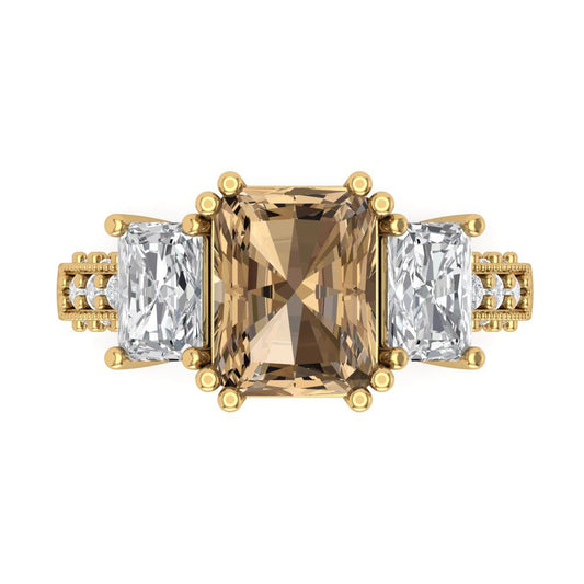 4.27 cttw Zirconia Simulated Champagne Diamond Three-Stone Engagement Ring - Solid Yellow Gold (VVS1, Emerald Cut,9x7mm)