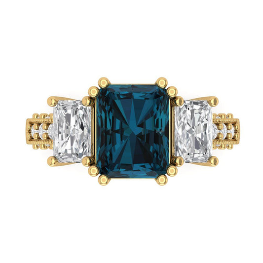 4.27 cttw Natural London Blue Topaz Three-Stone Engagement Ring - Solid Yellow Gold (VVS1, Emerald Cut,9x7mm)