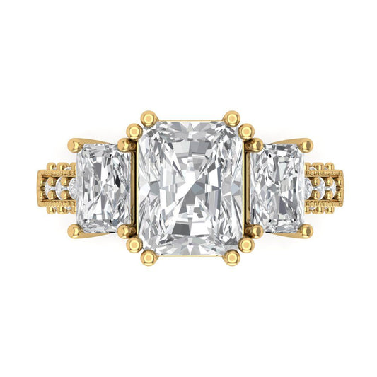 4.27 cttw White Sapphire Three-Stone Engagement Ring - Solid Yellow Gold (VVS1, Emerald Cut,9x7mm)