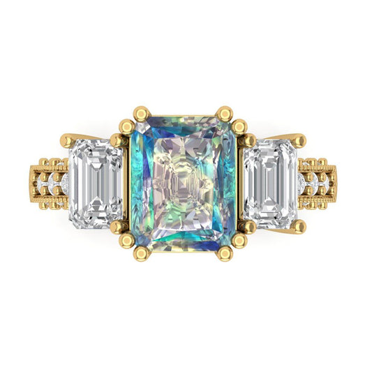 4.27 cttw Blue Moissanite Three-Stone Engagement Ring - Solid Yellow Gold (VVS1, Emerald Cut,9x7mm)