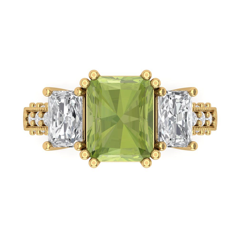 4.27 cttw Natural Peridot Three-Stone Engagement Ring - Solid Gold (Emerald Cut,9x7mm)