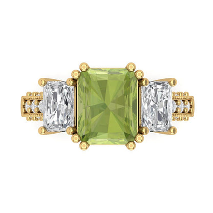4.27 cttw Natural Peridot Three-Stone Engagement Ring - Solid Gold (Emerald Cut,9x7mm)
