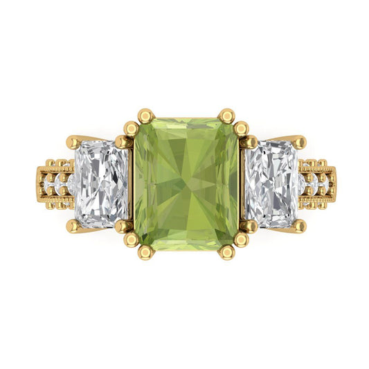 4.27 cttw Natural Peridot Three-Stone Engagement Ring - Solid Yellow Gold (VVS1, Emerald Cut,9x7mm)