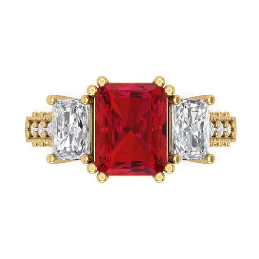 4.27 cttw Simulated Pink Tourmaline Three-Stone Engagement Ring - Solid Yellow Gold (VVS1, Emerald Cut,9x7mm)