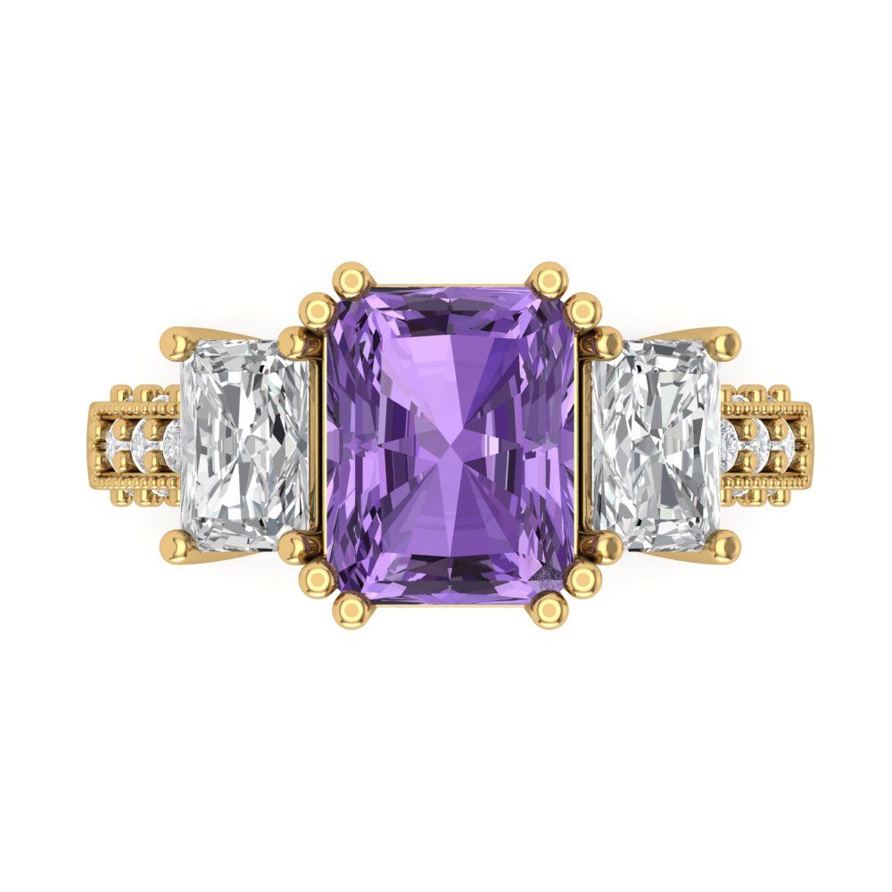 4.27 cttw Simulated Alexandrite Three-Stone Engagement Ring - Solid Gold (Emerald Cut,9x7mm)