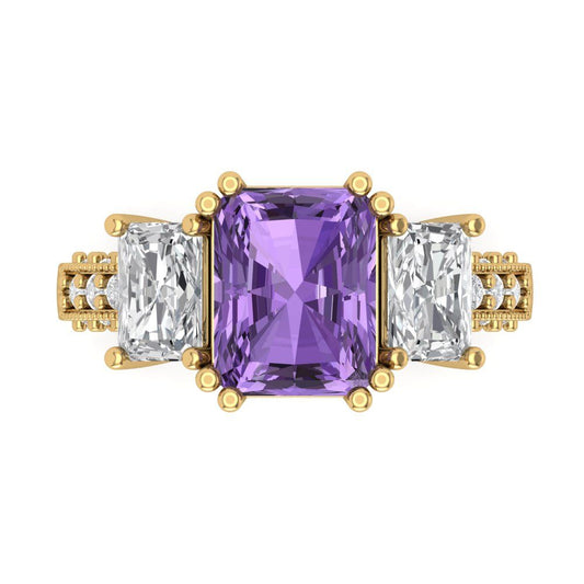 4.27 cttw Simulated Alexandrite Three-Stone Engagement Ring - Solid Yellow Gold (VVS1, Emerald Cut,9x7mm)