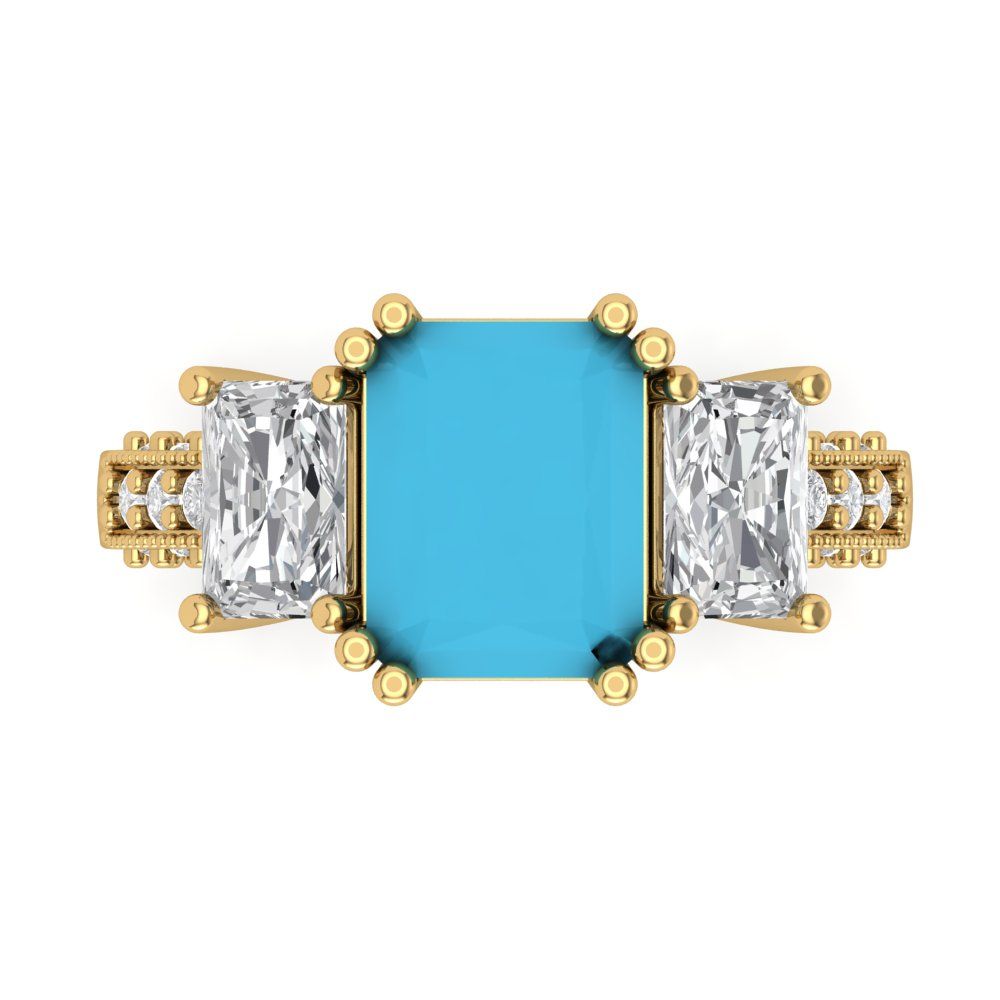 4.27 cttw Simulated Turquoise Three-Stone Engagement Ring - Solid Gold (Emerald Cut,9x7mm)