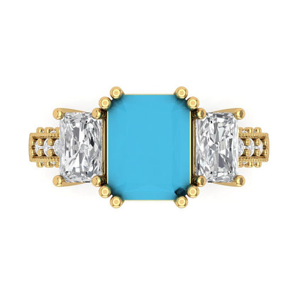4.27 cttw Simulated Turquoise Three-Stone Engagement Ring - Solid Gold (Emerald Cut,9x7mm)