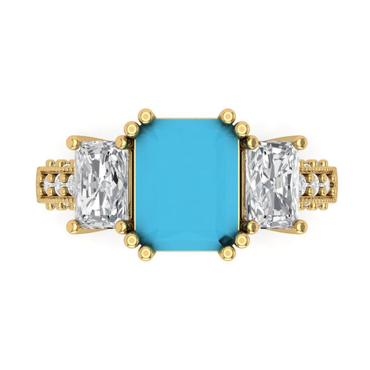 4.27 cttw Simulated Turquoise Three-Stone Engagement Ring - Solid Yellow Gold (VVS1, Emerald Cut,9x7mm)