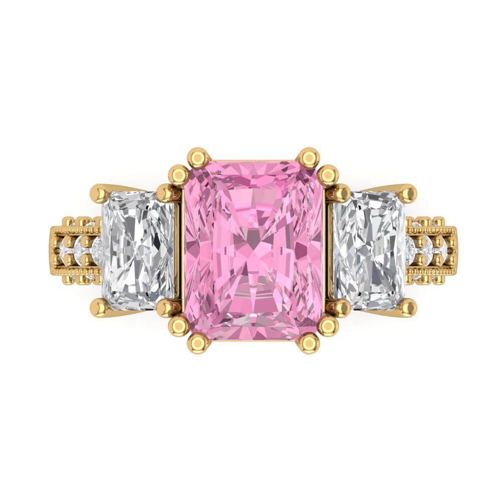4.27 cttw Zirconia Simulated Pink Diamond Three-Stone Engagement Ring - Solid Gold (VVS1, Emerald Cut,9x7mm)