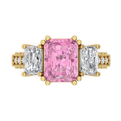 4.27 cttw Zirconia Simulated Pink Diamond Three-Stone Engagement Ring - Solid Gold (VVS1, Emerald Cut,9x7mm)