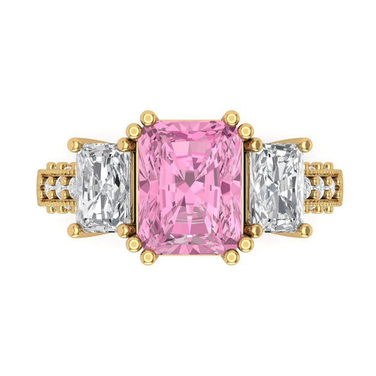 4.27 cttw Zirconia Simulated Pink Diamond Three-Stone Engagement Ring - Solid Yellow Gold (VVS1, Emerald Cut,9x7mm)