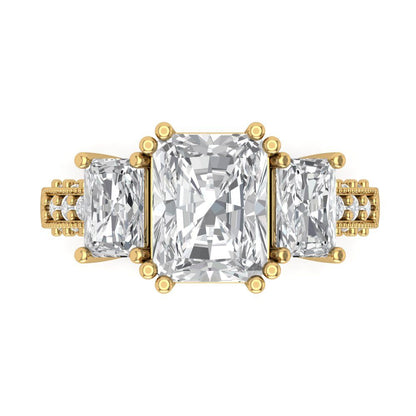 4.27 cttw Certified Moissanite Three-Stone Engagement Ring - Solid Gold (VVS1, D-F,Emerald Cut,9x7mm)