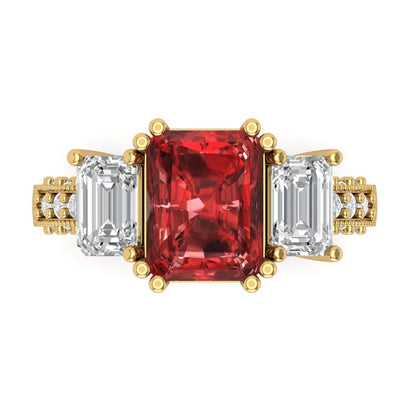 4.27 cttw Natural Garnet Three-Stone Engagement Ring - Solid Gold (Emerald Cut,9x7mm)